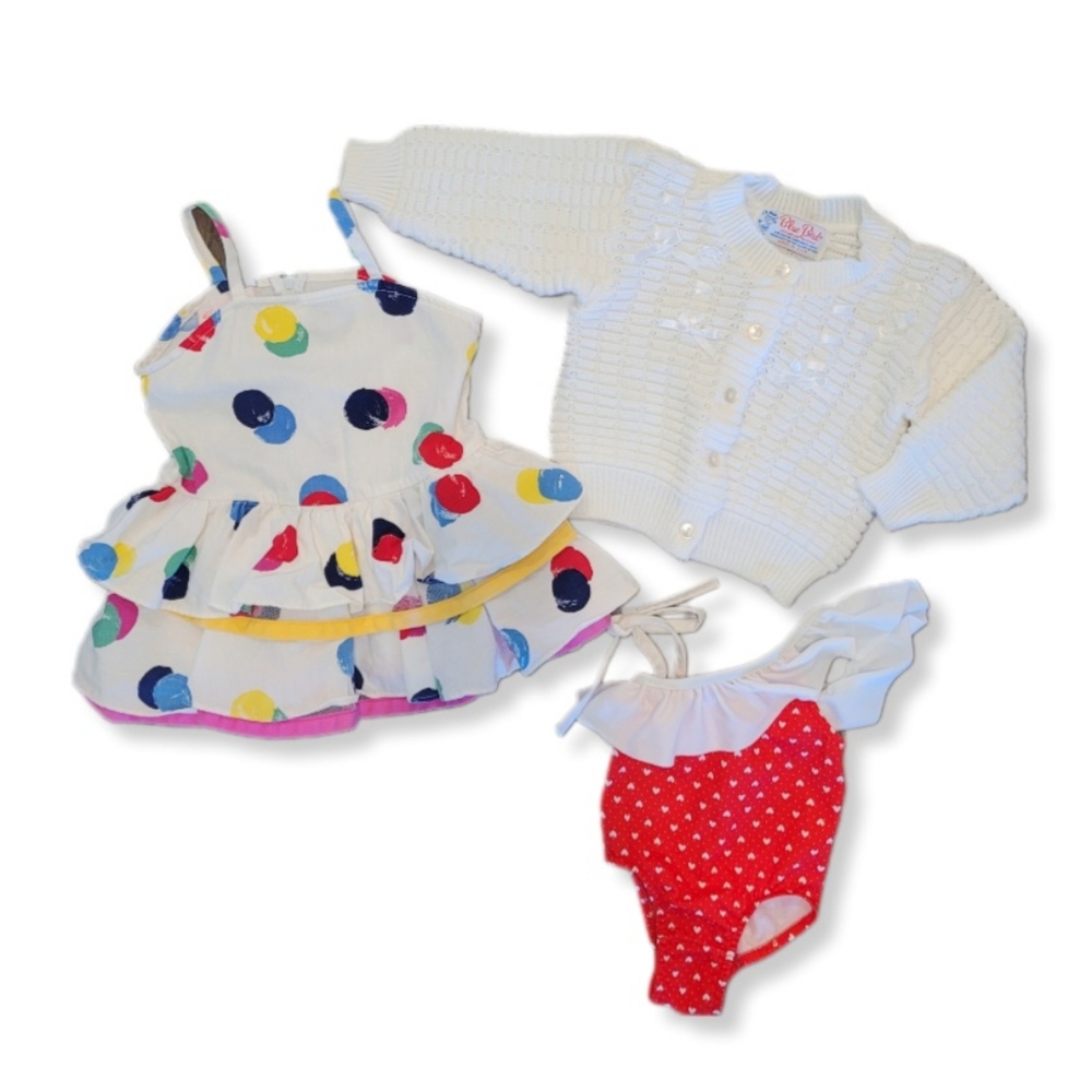 3 Child's Clothing Pieces White Print Dress Red Bathing Suit White Sweat…